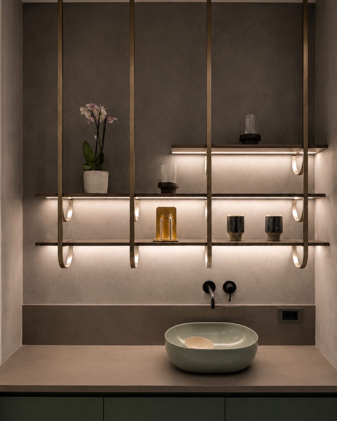 Suspended steel vanity shelving with integrated lighting at Beauty Time
