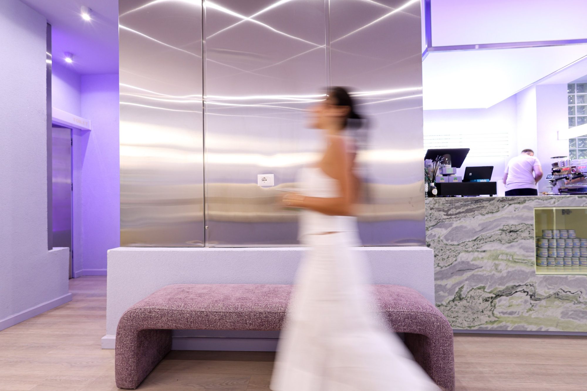 Brushed stainless steel wall cladding inside Bloom the Matcha